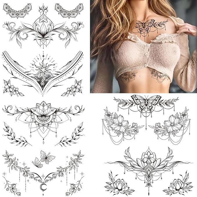 Tazimi 10 Sheets Large Black Flower Chest Underboob Temporary Tattoos for Women &Waist Back Fake Tattoos for girl Adults, Realistic Mandala Flower branch Tattoo Stickers Body Art
