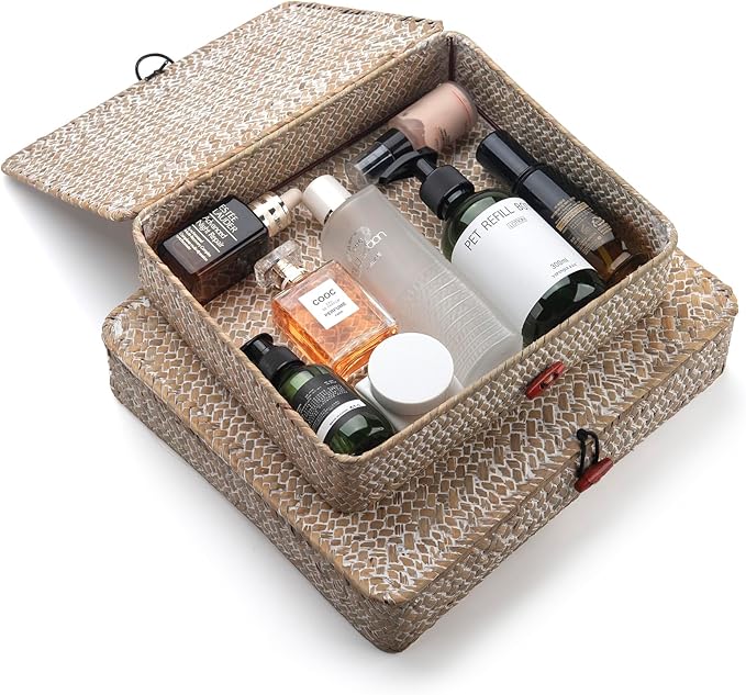 Whitewash Flat Seagrass Storage Bins with Lid, Wicker Basket for Shelf Organize, Set of 2 (Small+Large)