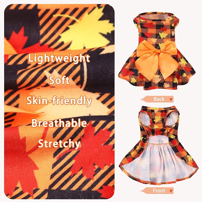 PUPTECK Plaid Dog Dress with Bow Puppy Clothes for Autumn Maple Leaf XS | Puppy Doggie Pet Clothes Outfits Apparel Costume for Wedding Anniversary Holiday Photoshoot for Small Medium Large Dogs Girl