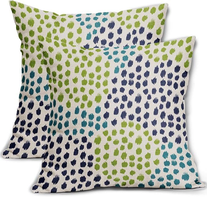 Blue Green Teal Pillow Covers 16x16 Set of 2 Boho Dot Print Summer Decorative Throw Pillows Outdoor Modern Art Trendy Pillowcase Holiday Cushion Cover Linen Pillow Case Decor for Home Sofa Couch Bed