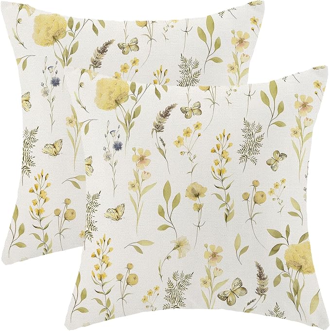 Spring Pillow Covers 18x18 Inch Set of 2, Mustard Yellow Green Wild Flower Throw Pillows Case,Colorful Seasonal Floral Plant Outdoor Decorative Farmhouse Decor Cushion Covers for Sofa Bed Couch