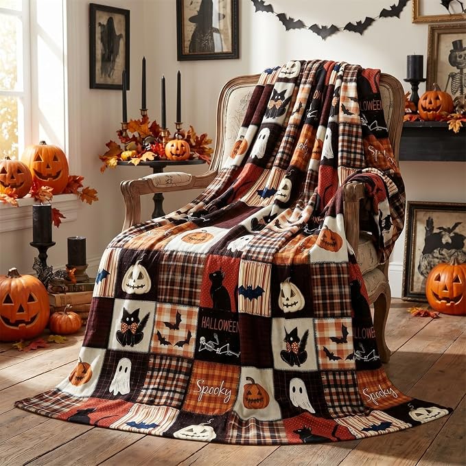 Horaldaily Halloween Grid Pumpkin Cat Bat Ghost Flannel Throw Blanket 40x50 | All Season Using Ultra Soft Fuzzy Plush Cozy Non-shedding Blanket for Couch Sofa Bed Camping, Ideal Gift for Kids Adults
