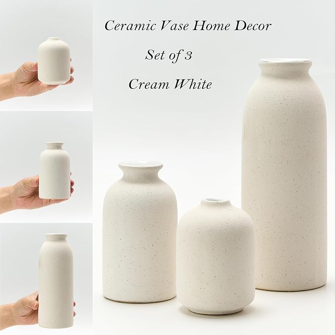 Ceramic Vase Set of 3, Decorative Nordic Minimalist Vases Home Decor for Living Room Kitchen Bedroom Entryway Mantel Table, Modern Decor for Bouquet Pampas Grass Dried Fresh Flowers- Cream White