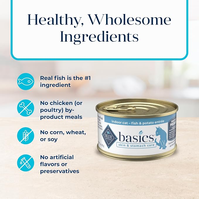 Blue Buffalo Basics Fish Adult Grain-Free Wet Cat Food, 3 oz, 24 ct | Skin & Stomach Care, Real Fish #1 Ingredient, Limited Ingredient Diet, Antioxidant-Rich LifeSource Bits, Skin & Coat Health