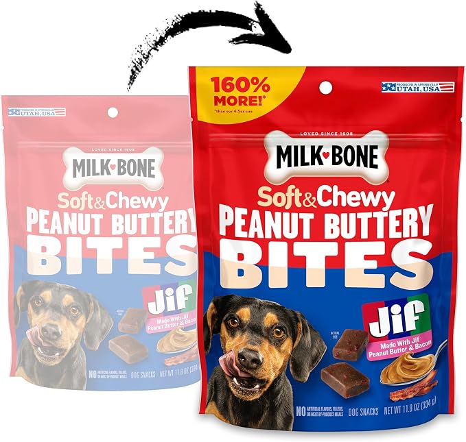 Milk-Bone Soft & Chewy Peanut Buttery Bites, 11.8 Oz. Bag | Soft dog treats with Jif peanut butter & real bacon