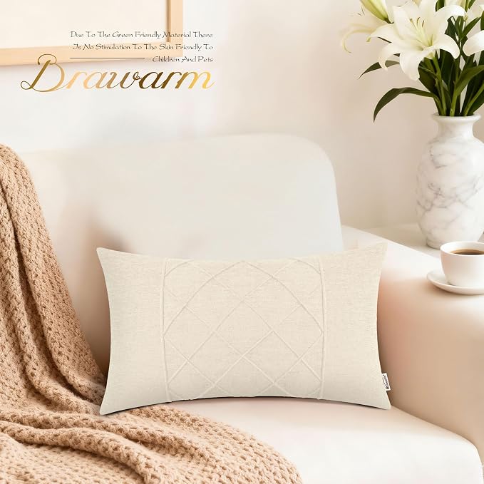 BRAWARM Chenille Throw Pillow Covers 12x20 Inches, Cream, 2 Pack | Decorative Lumbar Pleated Pillow Covers, Soft Cushion Cases for Sofa Bed Living Room Home Farmhouse (No Insert)