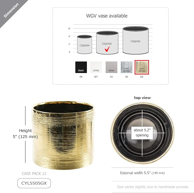 WGVI Gold Etched Ceramic Cylinder Vase Width 5.5" Height 5", Flower Arrangements, Candle Holder, Terrarium Planter Pot, Storage Container Organizer, Pen Brush Holder, Scratched Texture Design, 12 Pc