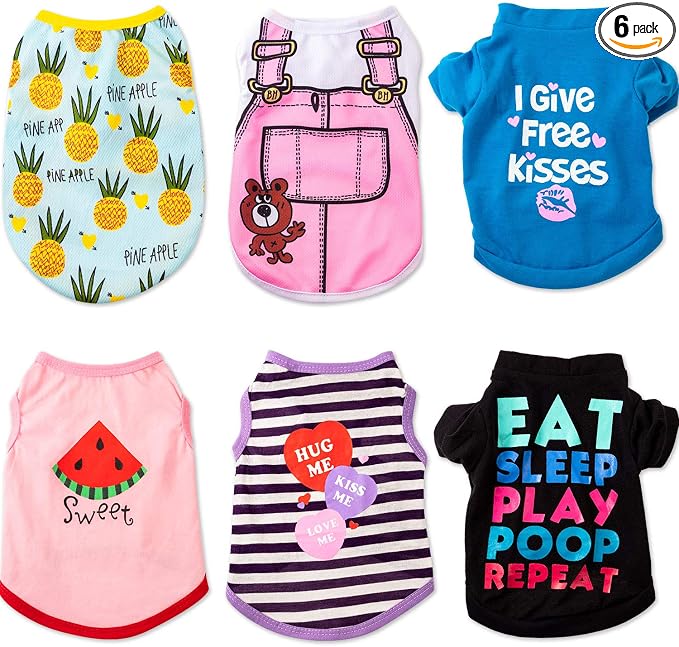 SATINIOR 6 Pcs Dog Clothes Printed Doggie Shirts Puppy T-Shirts Cute Pet Cotton Clothes Doggie Shirt for Small Medium Dog Apparel Summer Christmas(M)