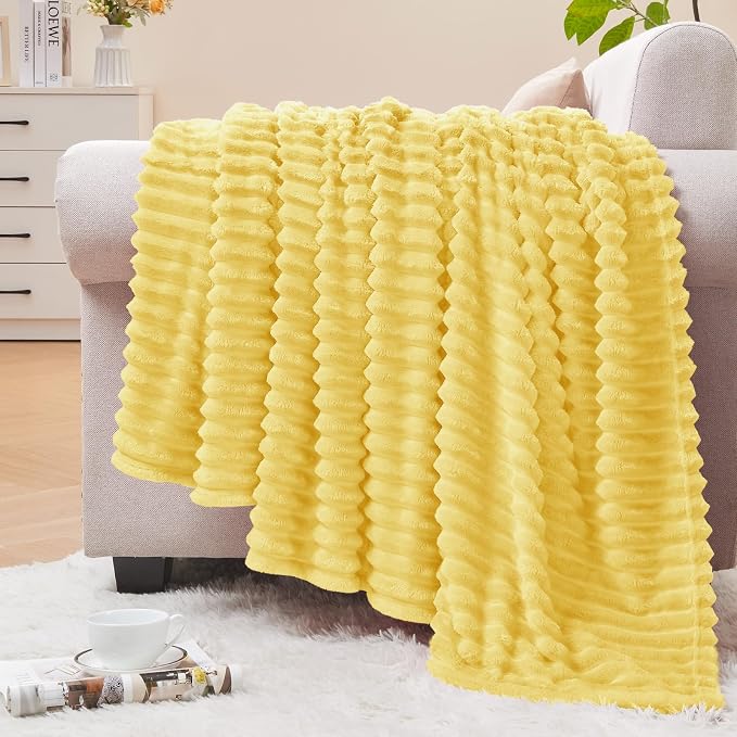 BEDELITE 3D Ribbed Light Yellow Fleece Twin Blanket for Bed, 60x80 Inch | Soft Warm Decorative Fluffy Blanket, Cozy Plush Lightweight Fuzzy Throw Blanket for Couch Sofa Room Decor, Gift for Women