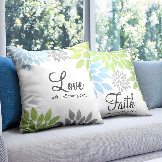 Tatuo 4 Pcs Flower Pillow Covers Square Summer Pillow Cushion Cases 18 x 18 Inch Family Faith Hope Love Words Decorative Spring Winter Cushion Case for Bed Couch Sofa Living Room(Green Series)