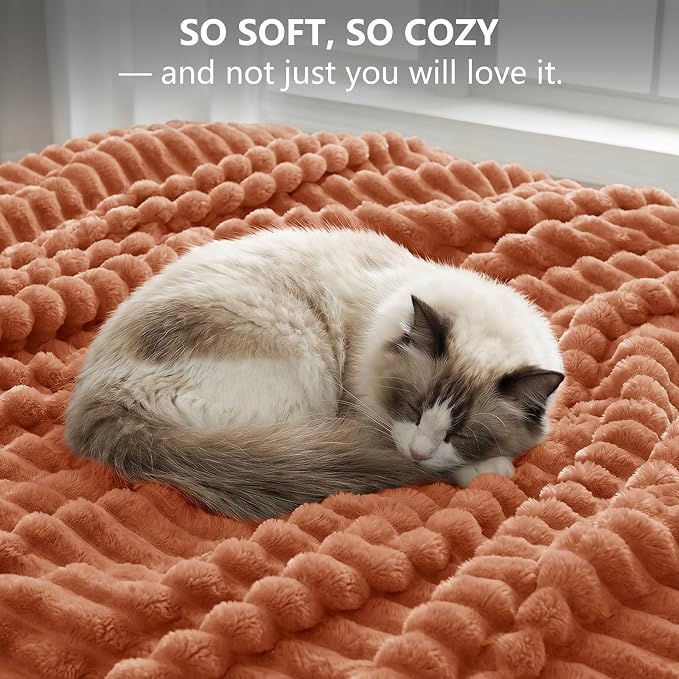 Burnt Orange Throw Blanket for Couch & Bed, 50 x 60 Inch | 300GSM Ribbed Fleece Blanket, Soft, Cozy & Lightweight, OEKO-TEX Certified, All-Season Use for Travel, Dorm & Home Decor