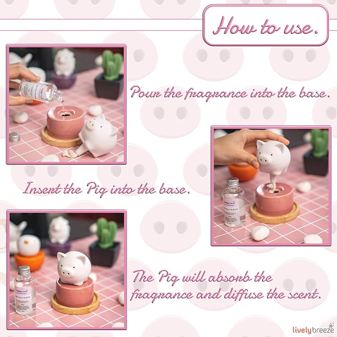 Pinky Pig, Diffusers for Essential Oils and Aromatherapy Fragrance, Non-Electric Ceramic, White Ceramic Oil Diffuser Car, White Ceramic Diffuser Bathroom and Desk Office Decor, Pink Vase