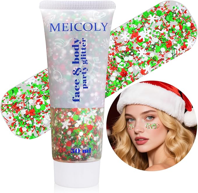 MEICOLY Christmas Face Body Glitter Gel,Christmas Hair Glitter,Christmas Accessories Stocking Stuffers Gift Decorations,Festival Face Glitter Makeup for Women Kids Girls,Chunky Glitter Face Paint