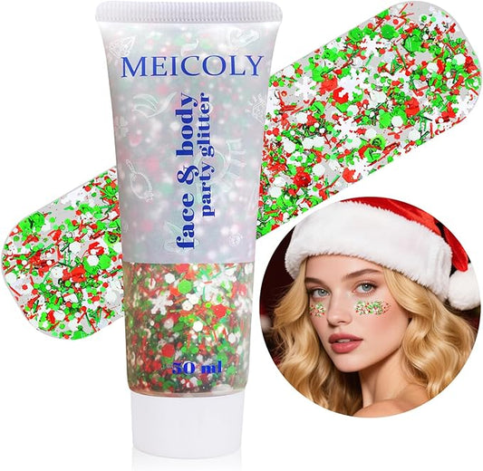 MEICOLY Christmas Face Body Glitter Gel,Christmas Hair Glitter,Christmas Accessories Stocking Stuffers Gift Decorations,Festival Face Glitter Makeup for Women Kids Girls,Chunky Glitter Face Paint