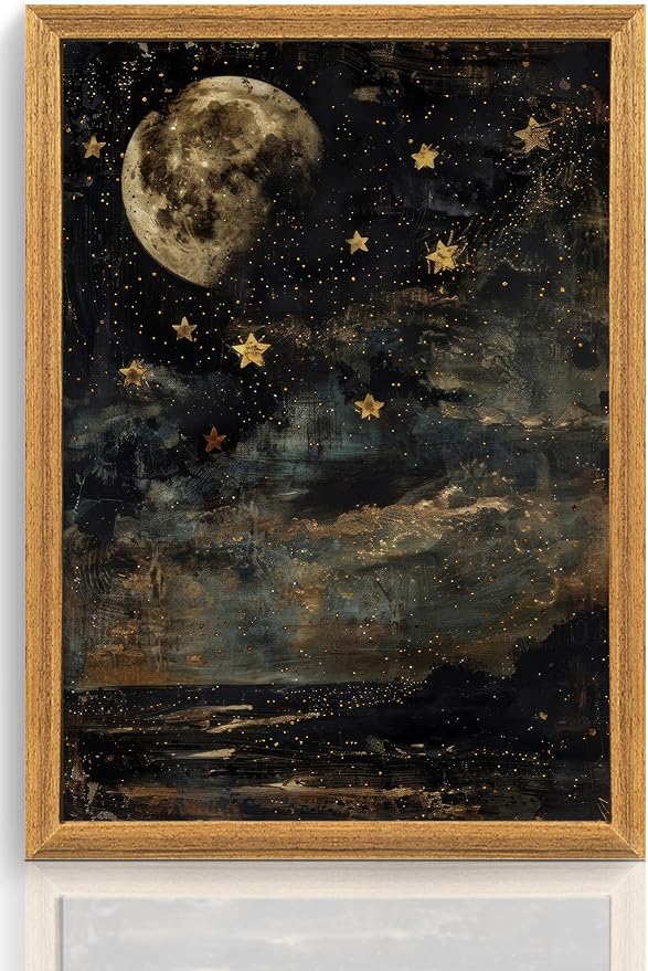 ICHZUMW Framed Moon and Stars Celestial Vintage Canvas Wall Art 16x24 In | Dark Moody Night Sky Painting, Gothic Dark Academia Wall Decor for Bedroom Living Room Bathroom Office, Ready to Hang