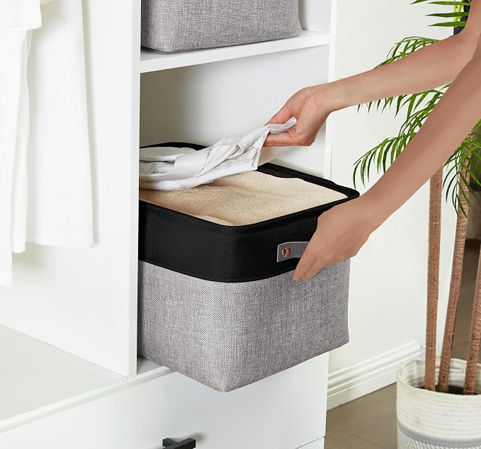 DECOMOMO Storage Bins, Extra Large Fabric Storage Baskets for Shelves 3Pack | 15.8 x 12.5 x 10 inches Decorative Linen Closet Organizers (Grey & Black)