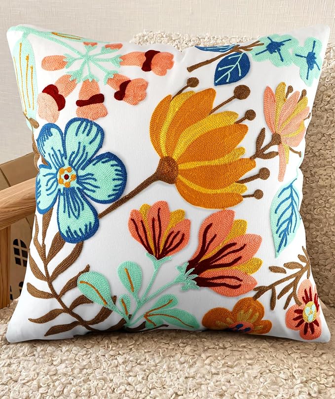 Embroidered Throw Pillow Cover - 18x18 Decorative Pillow Cover with Zipper Aesthetic Cute Design Boho Spring Summer Cozy Throw Pillowcase for Living Room Couch Sofa Bed, Elegant Flowers