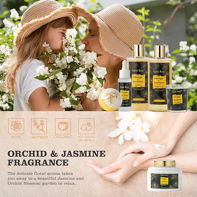 Mothers Day Home Spa Bath Gift Basket, Spa gift basket Christmas Gifts for Women men, Spa Kit Self-care Gifts, Spa Collection Gift, Orchid Jasmine Bath and Body Gift Pampering Spa Gifts Mother's Day
