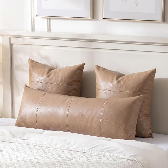 Fancy Homi Tan Long Lumbar Waterproof Faux Leather Body Decorative Throw Pillow Cover 14x36 Inch for Bedroom Couch Bed Bench, Beige Hand Stitched Cushion Case, Taupe Modern Farmhouse Room Decor