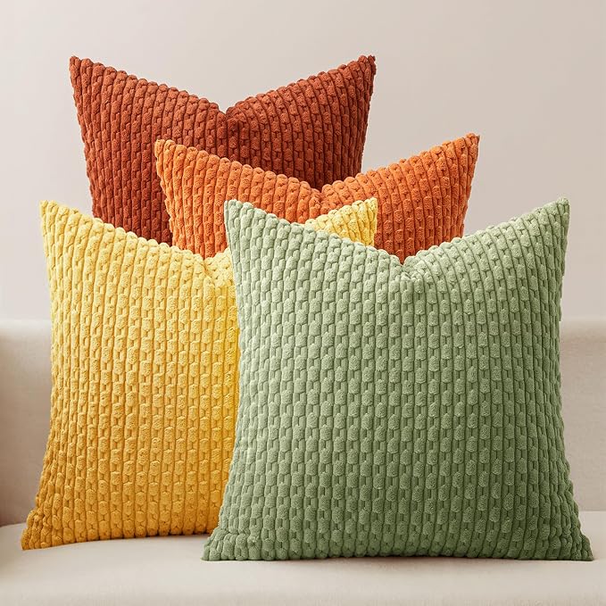 MIULEE Fall Burnt Orange Decorative Throw Pillow Covers 18x18 Set of 4 | Modern Striped Cushion Covers Soft Corduroy Pillowcase Autumn Terracotta Home Decor for Bed Sofa Living Room