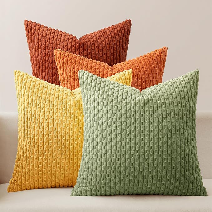 MIULEE Fall Burnt Orange Decorative Throw Pillow Covers for Couch Modern Striped Cushion Covers Soft Corduroy Pillowcase Home Decor for Bed Sofa Living Room 20x20 Inch Set of 4 Yellow Orange