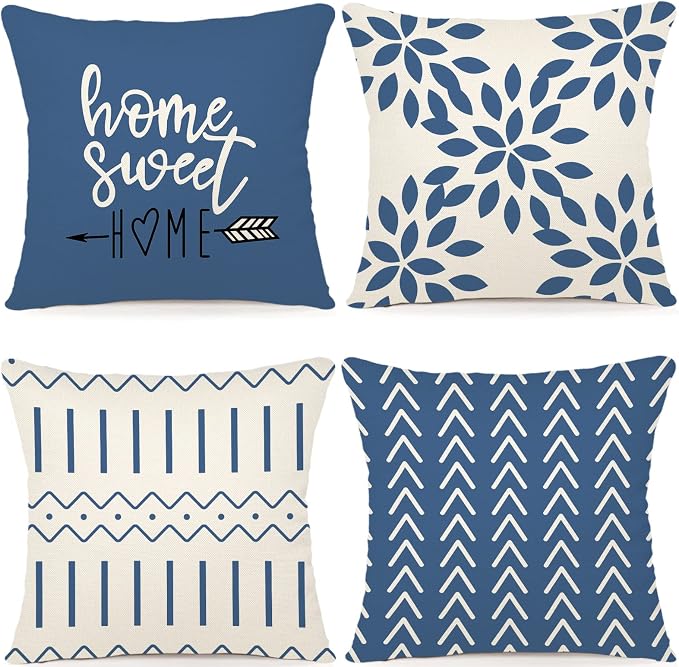 YCOLL Pillow Covers 22x22 Set of 4, Modern Sofa Throw Pillow Cover, Decorative Outdoor Linen Fabric Pillow Case for Couch Bed Car，Light Blue