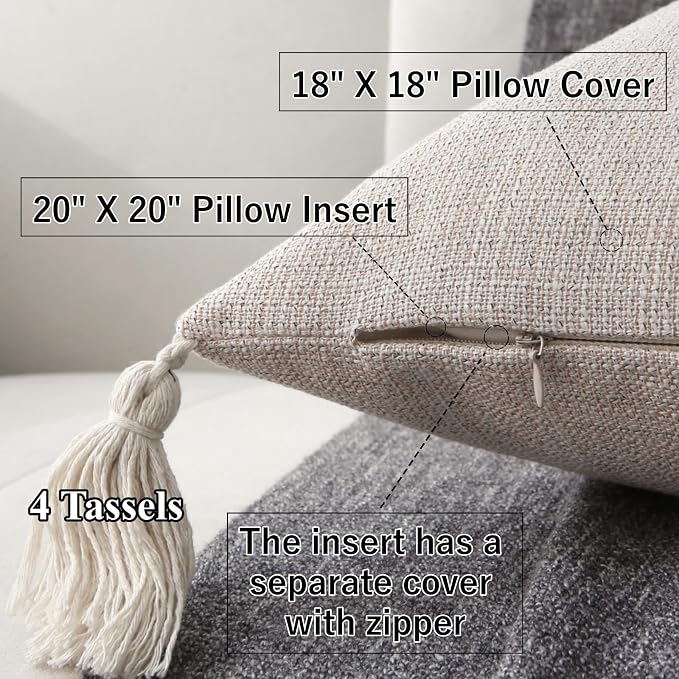 Decorative Throw Pillow with Tassels, 18x18 Farmhouse Pillows with Inserts, Square Boho Pillow for Couch, Patio, Bed, Sofa Decor (Light Beige, 18" x 18"(Pack of 2))