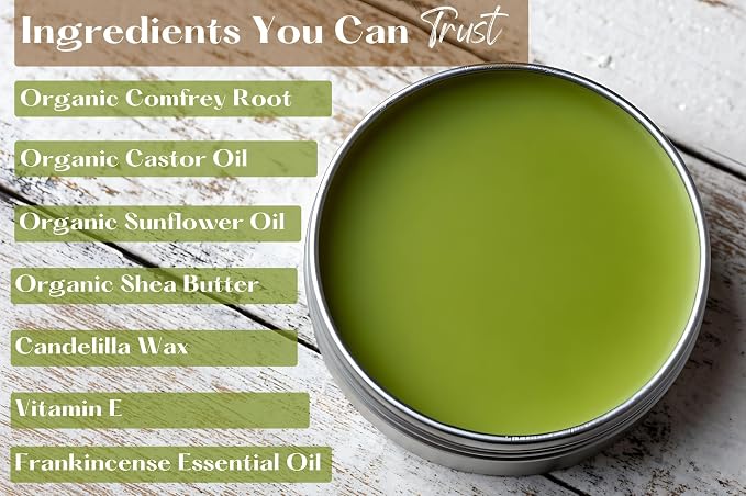Comfrey Salve with Castor Oil & Frankincense - Aches, Sprains, Sore Muscles, Joints, Minor Pain -Vegan Friendly Natural Healing Balm - Handmade in The USA (2oz, Frankincese)