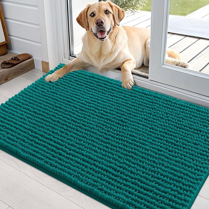 OLANLY Dog Door Mat for Muddy Paws 36x24, Extra Absorbent Chenille Mud Mat | Dark Blue, Absorbs Moisture and Dirt, Non-Slip Machine Washable Doormat, Quick-Drying Indoor Entryway Floor Mat for Dogs