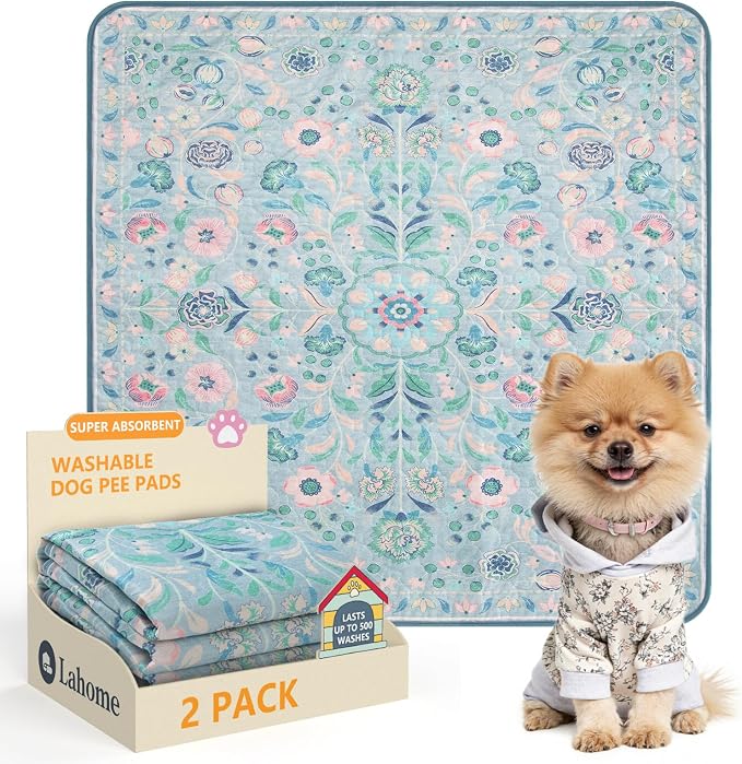 Lahome Botanical Washable Reusable Pee Pads for Dogs, 2 Pack, Blue, 36x36 | Super absorbent, waterproof training mats with leakproof non-slip backing; suitable for potty training, crates and floors.