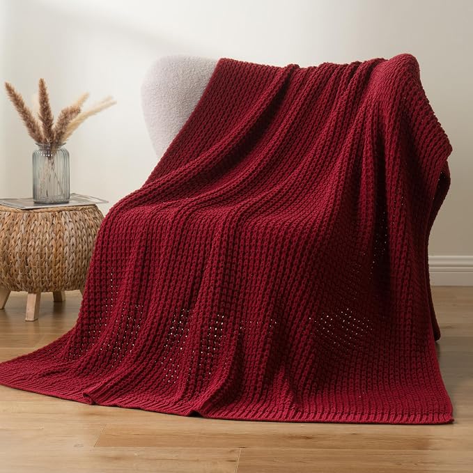 Red Throw Blanket for Couch, Soft Cozy Knit Waffle Throw Blanket 50"x60" | Chunky Chenille Throw Blanket, Decorative Christmas Throw Blanket for Bed Sofa Gifts,Modern Farmhouse Knitted Style