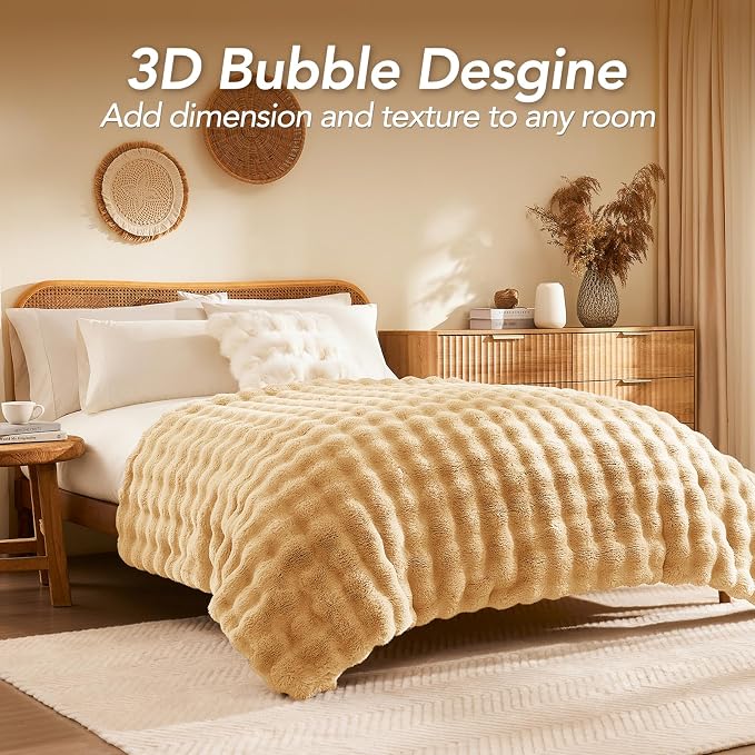 L'AGRATY Faux Rabbit Fur Throw Blanket for Couch, 90''x90'', Milk Tea Brown | Soft Cozy Bubble Fluffy Blanket for Sofa Bed, Thick Warm Plush Fuzzy Throw for Room Home Decor, Luxury Gift for Women Mom