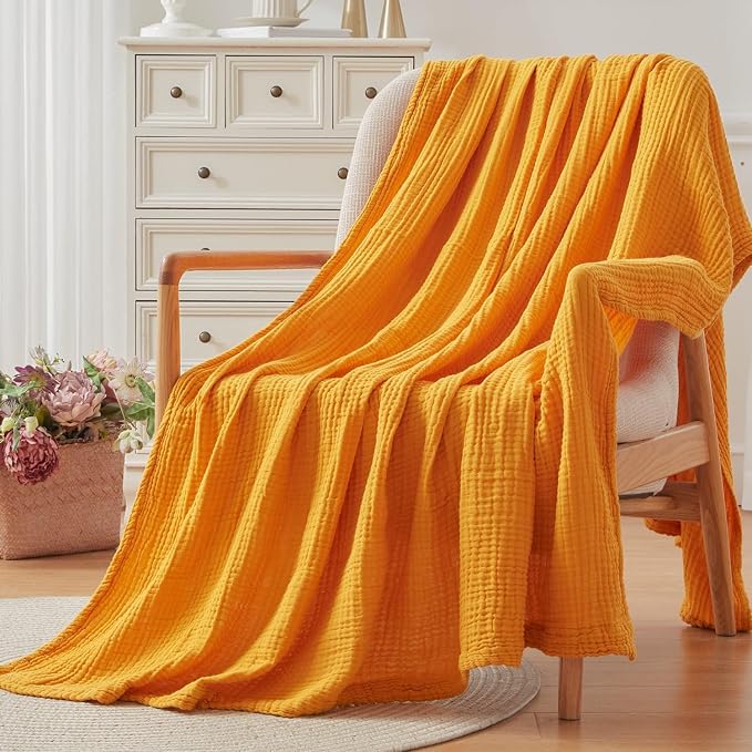 EMME Muslin Blankets for Adults Throw Blanket for Couch Breathable Gauze Soft Lightweight Airy Mustard Yellow Throw XL 50" x 71"