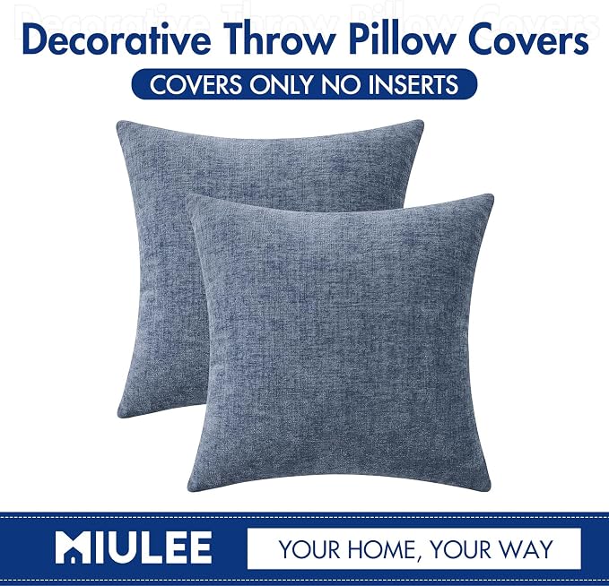 MIULEE Soft Chenille Throw Pillow Covers Dark Grey Blue 18x18 Pack of 2 | Modern Coastal Home Decor, Classic Decorative Pillows, Solid Dyed Cases, Boho Couch Cushion Covers for Sofa Bed Living Room