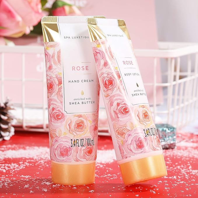 Spa Luxetique Spa Gift Set, Bath Gift Set for Women, 10 Pcs Rose Bath Set, Pink Tote Gift Bag with Shower Gel, Bubble Bath, Body Lotion, Hand Cream, Christmas Beauty Gifts for Women