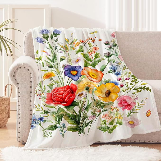 Floral Blanket Vintage Flowers Blankets Butterfly Wildflowers Throw Blanket Soft Cozy Flannel Fleece Throw Blanket Colorful Daisy Plants Bed Blanket for Couch Sofa, 50"×60"