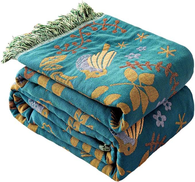 MSGKV Boho Throw Blanket 60"x80" 100% Cotton Bird Quilt for Bed & Couch | 100% Cotton Throw, Bird Quilt Design, Muslin Blanket, Summer Breathable, Farmhouse Decor, Lightweight, Machine Washable