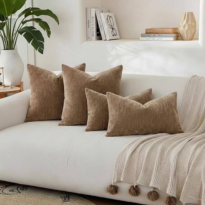 decorUhome Soft Chenille Brown Throw Pillow Covers 12X20 Set of 2 | Decorative Fall Couch Pillow Covers Solid Dyed Accent Modern Farmhouse Neutral Rectangle Pillow Cases for Sofa