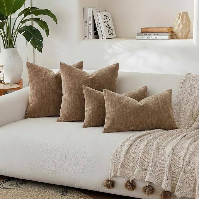 decorUhome Soft Chenille Brown Throw Pillow Covers 26X26 Set of 2 | Decorative Fall Couch Pillow Covers Solid Dyed Accent Modern Euro Sham Farmhouse Neutral Square Pillow Cases for Sofa