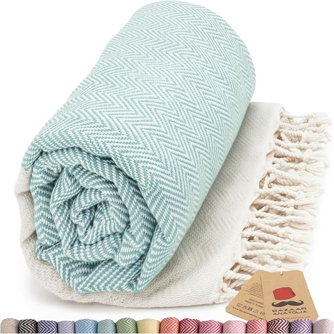 Bazaar Anatolia Turkish Beach Towel 100% Cotton Bath Towels 71x39 Quick Dry Sand Free Lightweight Large Oversized Herringbone Mint