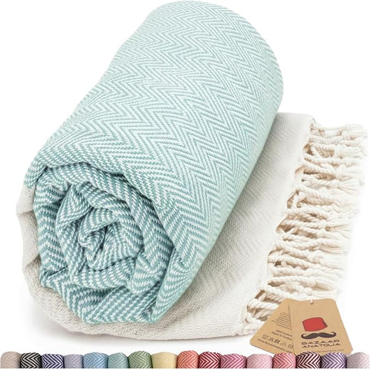 Bazaar Anatolia Turkish Beach Towel 100% Cotton Bath Towels 71x39 Quick Dry Sand Free Lightweight Large Oversized Herringbone Mint