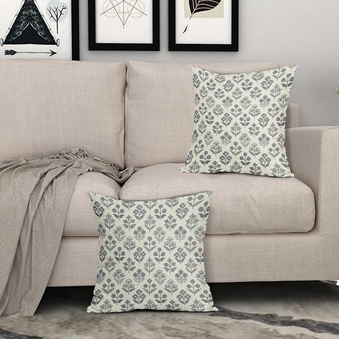 Dusty Blue Floral Pillow Covers 24x24 Inch Set of 2, Vintage Flower Block Pattern Decorative Throw Pillowcases Outdoor Farmhouse Cushion Covers Spring Summer Rustic Decoration Sofa Couch Bed Decor