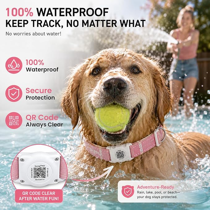 AirTag Dog Collar with QR Code ID, Dog Collar with Air Tag Holder, Pink, M