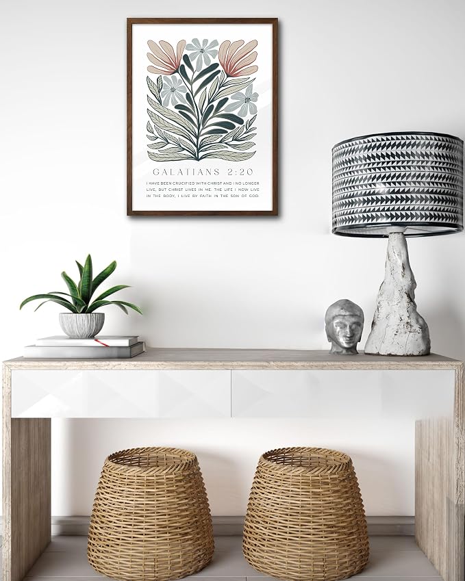 EcoHest 12x16 in Galatians 2:20 Abstract Floral Framed Christian Wall Art | Walnut Color Solid Oak Frame，Canvas Wall Art, Boho Scripture Bible Verse Decor for Bedroom, Living Room, Office, Church,1Pack