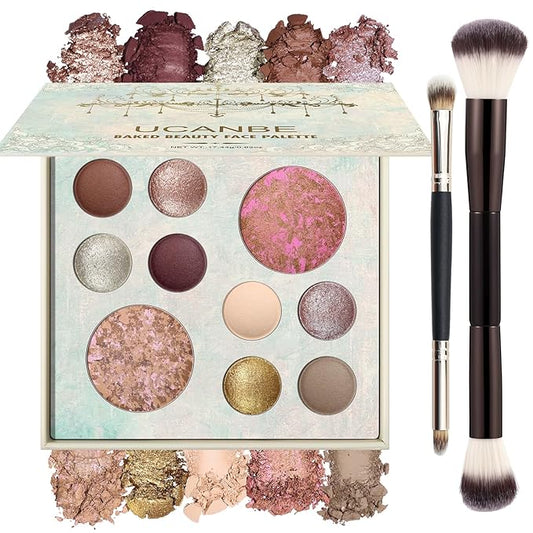 UCANBE Full Size Baked Makeup Palette Set - Includes Blush, Bronzer, 8 Eyeshadows and Brushes, Highly Pigmented All-in-One Face & Eye Compact Powder Beauty Gift Kit for Starter & Pros, Travel Friendly