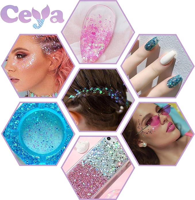 Ceya Chunky Glitter Set 32 Colors, 11.28 oz/ 320g Craft Glitter Powder Mixed Chunky Fine Sparkle Flakes Each 15ml Iridescent Nail Sequins for Epoxy Resin Nail Art Tumbler Slime Festival Decor