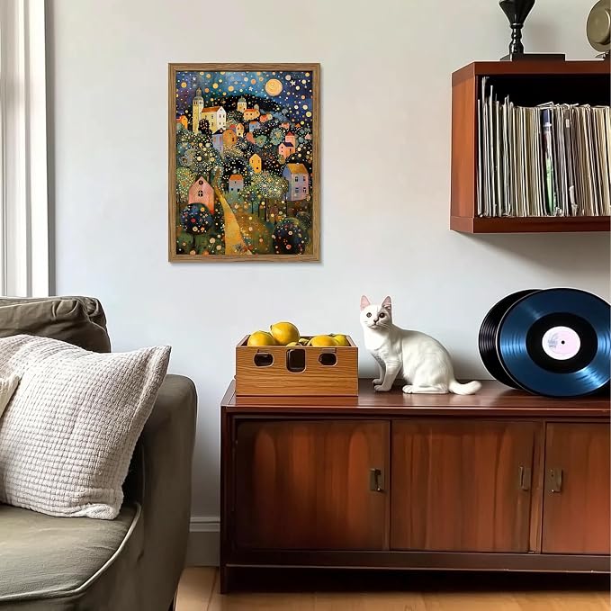 Abstract Moon Stars Tree Framed Canvas Wall Art – Vintage Gustav Klimt Style Oil Painting Print, Village Night Landscape Decor for Living Room Bedroom Nursery Office 16x24 inch