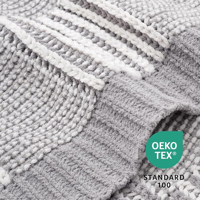Knit Throw Blanket, Soft Chenille Cozy Breathable Dual Tone Checkered Chunky Decorative Blanket for Couch, Bed & Sofa, French-Inspired Lightweight Warm Gift for Women, Gray, 50"x60"