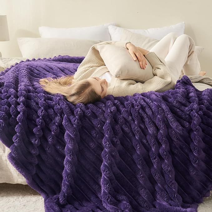NEWCOSPLAY Fleece Ribbed Cozy Throw Blanket for Couch, Purple, 50"x60" | Premium Silky Flannel Blanket, Soft Lightweight Fluffy Throw Blanket for Bed Sofa Decor, Gift for All Season Use