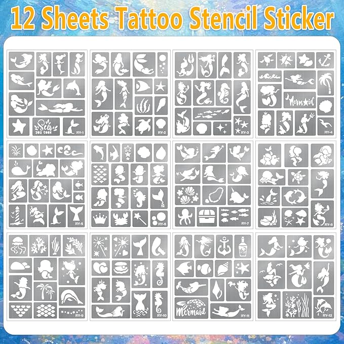Yazhiji 167PCS Mermaid Temporary Tattoo Stencils, Face and Body Paint Stencils, Girl Boy Glitter Tattoos Pack for Kids School Show Birthdays Mermaid Christmas Party Favor Supplies